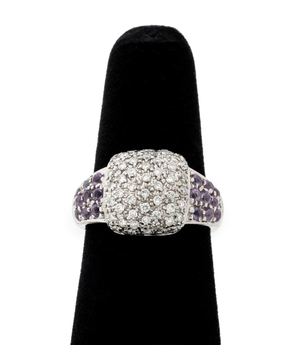 14K White Gold Diamond Amethyst Ring: 14K White Gold Diamond Amethyst Ring, featuring fifty two pave set round brilliant cut diamonds weighing approx. 0.50 carat, further adorned with eighteen pave set round brilliant cut amethysts weighi