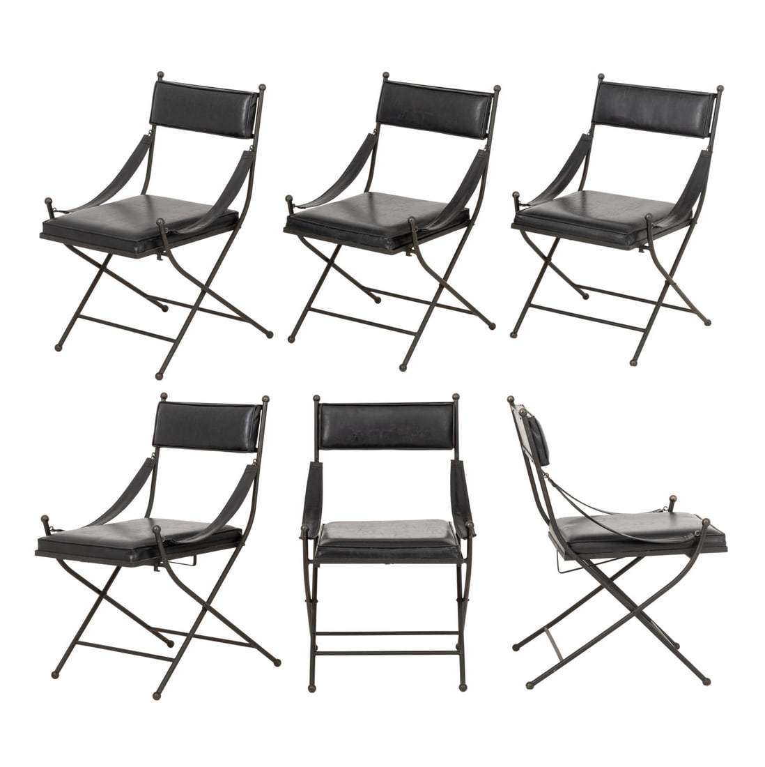 Maison Jansen Style Iron Folding Chairs, 6: Set of Six Maison Jansen Style Iron Folding Chairs, with black vinyl upholstery and hanging armrests with ball form finials to the iron supports. 33" H x 19.5" W x 24" D; seat: 18" H. Provenance: From