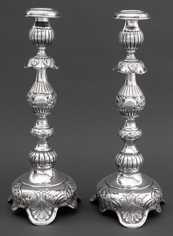 Russian Judaica Sterling Silver Candlesticks, Pair - 3