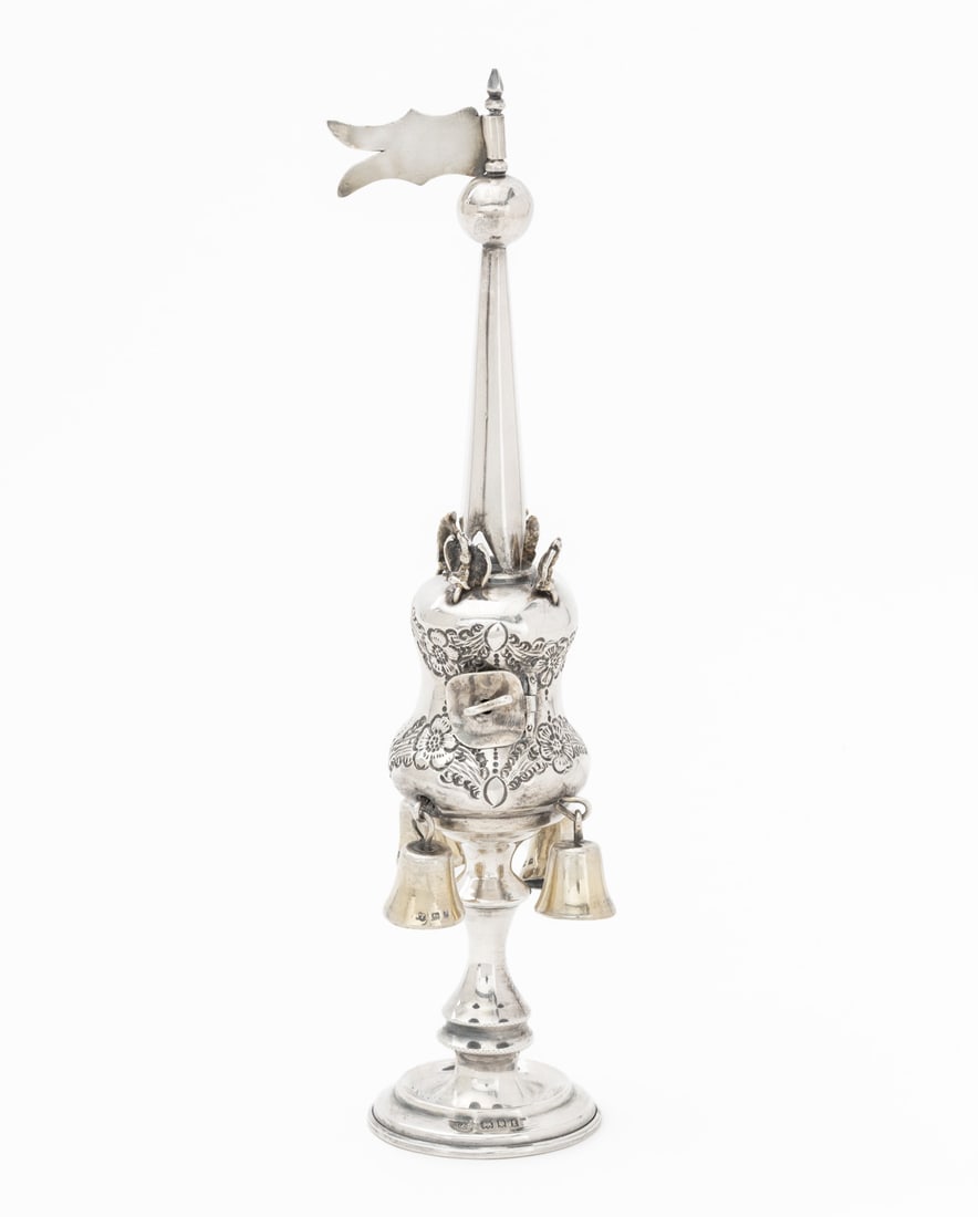 Judaica Sterling Silver Besamim Spice Tower: Judaica Sterling Silver Besamim Spice Box Tower, with incised floral motif, five bells on square base with shell form feet, marked "ST925" to base. Weight: 5.20 ozt.; 10" H x 3" W x 2.75" D.