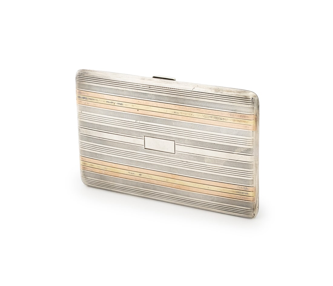 Dunhill Gold Inlaid Sterling Silver Cigarette Case: Dunhill 14K Yellow Gold Inlaid Sterling Silver Cigarette Case, with engraved stripes, 14K gold inlay, and gold washed interior, marked "Dunhill Sterling 14K Gold Inlaid". Weight: 4.90 ozt.; 5" L x