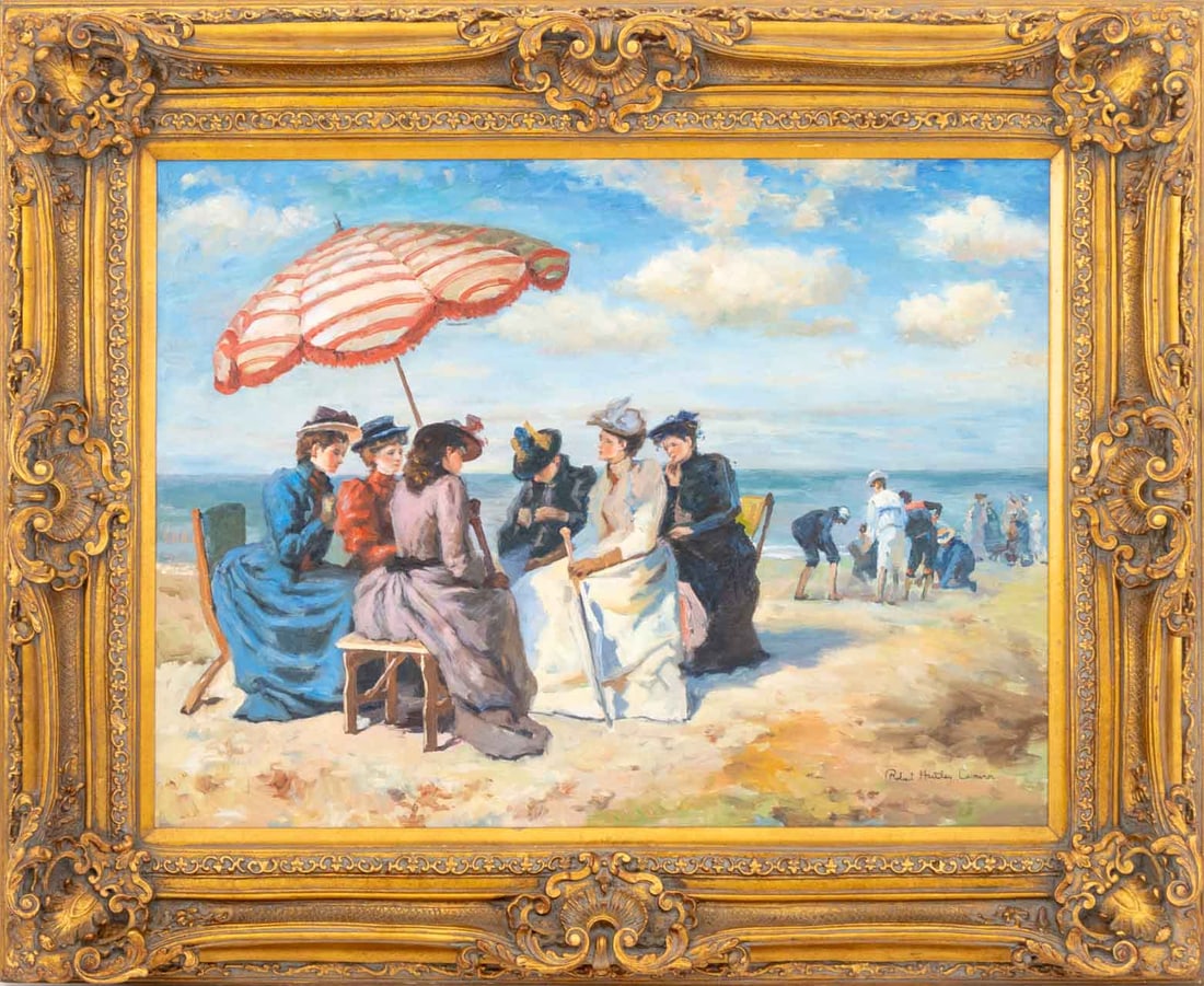 Robert Hartley Cameron Beach Scene Oil, 20th C.: Robert Hartley Cameron (American, 1909-1998), Beach Scene, Oil on Canvas, 20th century, signed lower right, giltwood frame. Image: 29.5" H x 39.5" W; frame: 43.5" H x 53.5" W x 4.5" D. Provenance: