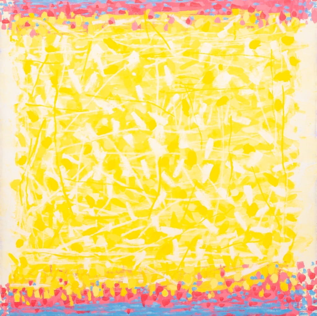 Domenick Capobianco "Study for the Lady ..." Oil: Domenick Capobianco (American, b. 1928), "Study for the Lady in Monterchi", Oil on Canvas, abstract composition in yellow with blue and pink tones to top and bottom borders, titled and stamped