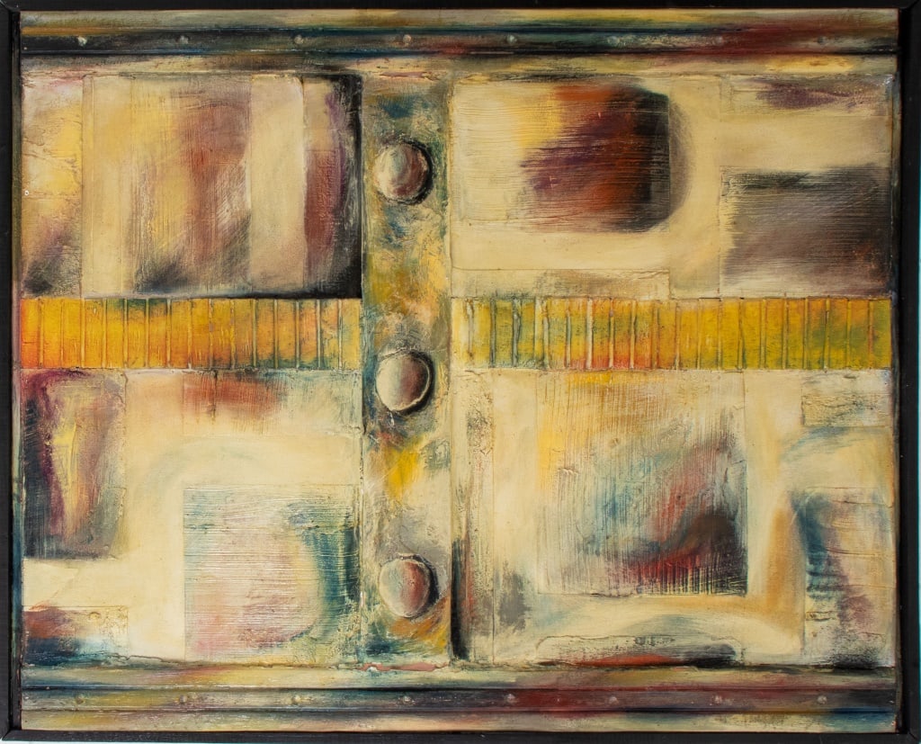 Large Found Object Abstract Mixed Media Panel: Large Found Object Abstract Mixed Media Panel, colorful abstract composition within black painted frame. Overall: 50.75" H x 62" W x 2.5" D. Provenance: From a New York City Collection. Keywords: