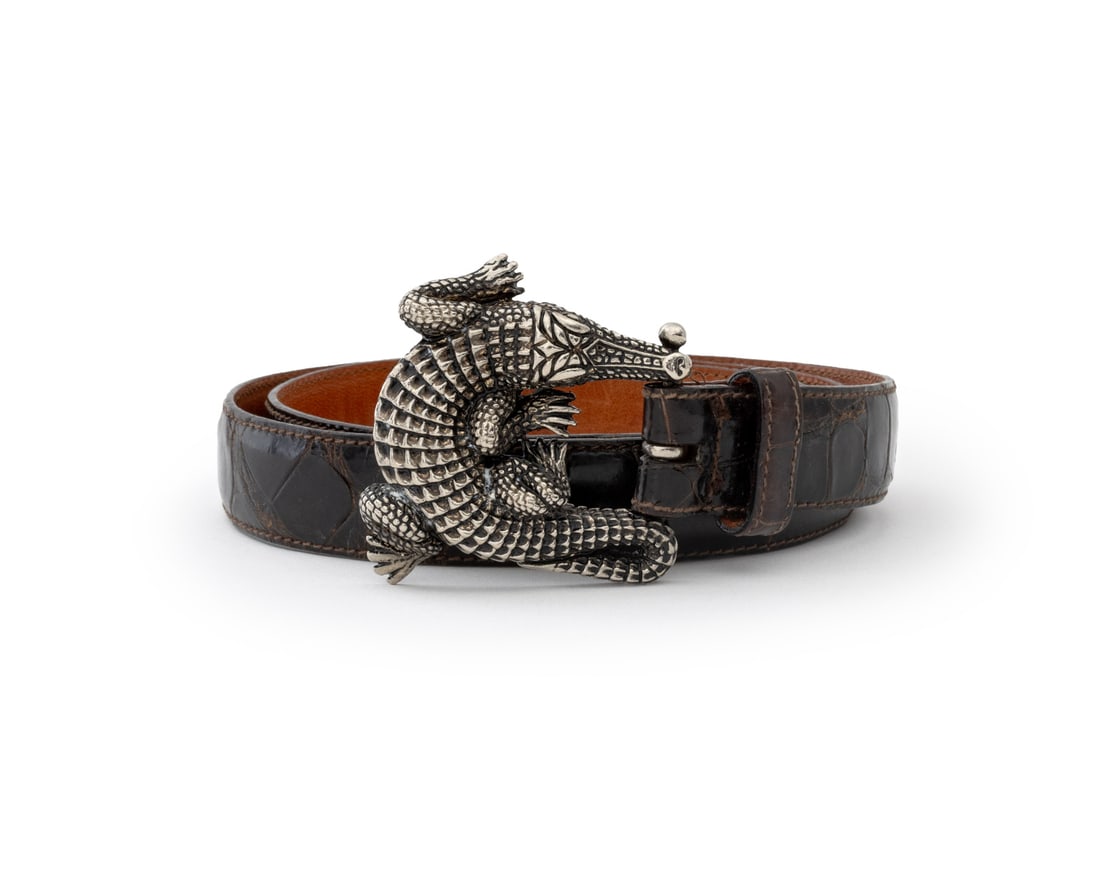 Barry Kieselstein-Cord Sterling Alligator Buckle: Barry Kieselstein-Cord Sterling Silver Alligator Belt Buckle, 1985, with Ralph Lauren black alligator leather belt, the buckle marked "B. Kieselstein-Cord / Sterling / 1985" and the belt marked