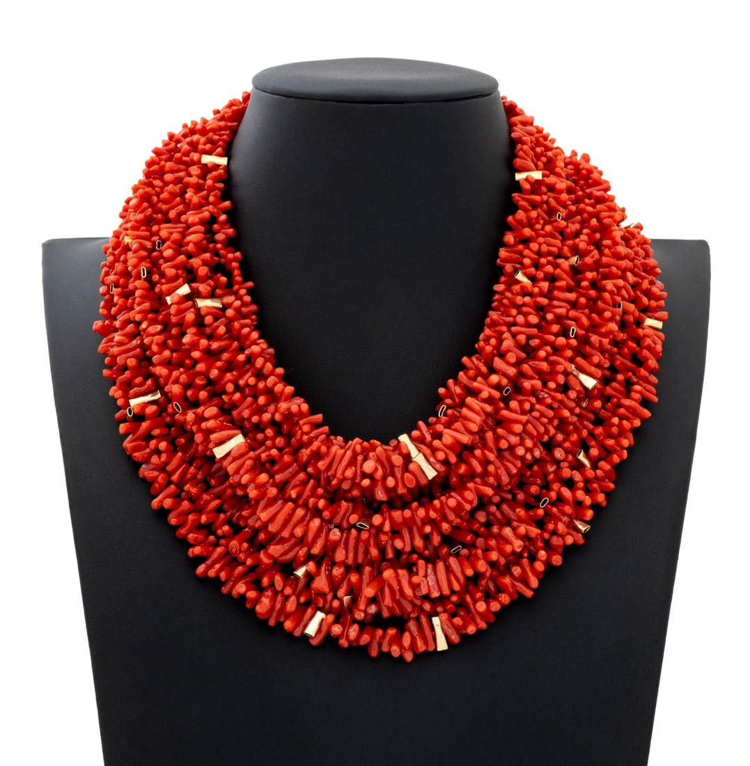 Tambetti 14K Gold Red Coral Multi-Strand Necklace: Tambetti 14K Yellow Gold Multi-Strand Red Coral Necklace, featuring fully drilled baroque coral beads approx. 7.0-12.0 mm., strung on silk cords with interspersed 14K gold beads, joined with