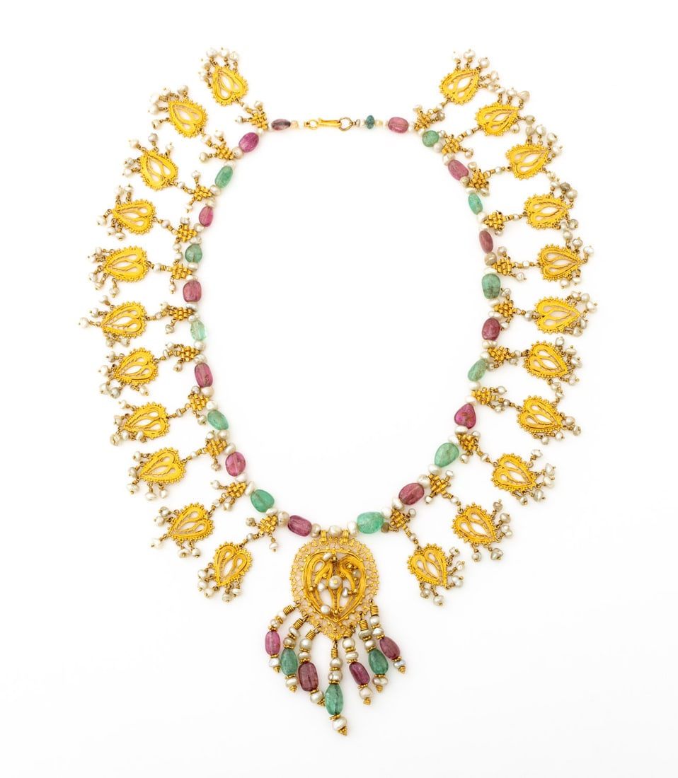 Indian 22K Gold Emerald Rubellite Pearl Necklace: Indian 22K Yellow Gold Emerald, Rubellite, and Pearl Necklace, featuring 23 pendants decorated with cultured pearls, emeralds and rubellite tourmalines, pearls approx. 3.0 -7.0 mm, emerald and