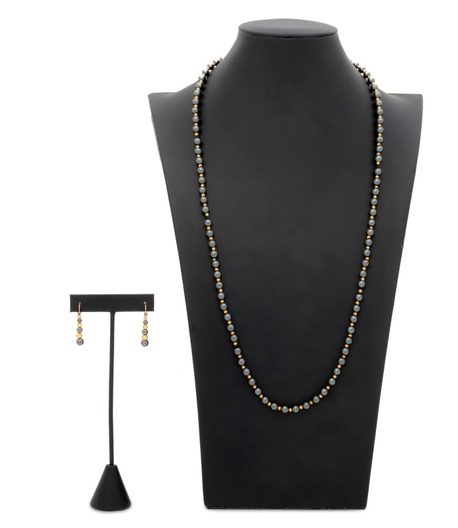 Hematite 14K Yellow Gold Bead Jewelry Set: Hematite 14K Yellow Gold Bead Jewelry Set, one necklace featuring fully drilled round hematite beads approx. 6.0-6.5 mm, and round gold beads approx. 3.0 mm, strung on silk cord, worn as slip over
