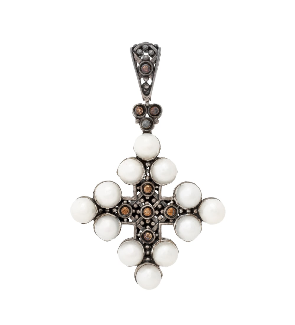 John Hardy Sterling 18K Pearl Enhancer Pendant: John Hardy Sterling Silver 18K Yellow Gold Cultured Pearl Enhancer Pendant, featuring twelve round cultured pearls approx. 6.5-7.0 mm., worn with chain and bead necklaces with fixed bail, marked: "JH