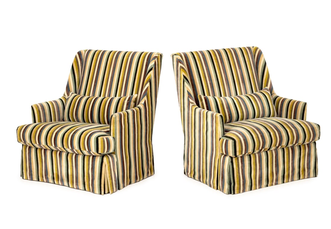 John Saladino "Tejas" Armchairs, Pair: Pair of John Saladino "Tejas" Arm Chairs, with striped velvet upholstery, label to underside. 41" H x 36" W x 30" D; seat: 19" H. Provenance: From a 480 Park Avenue Collection. Keywords: Contemporary