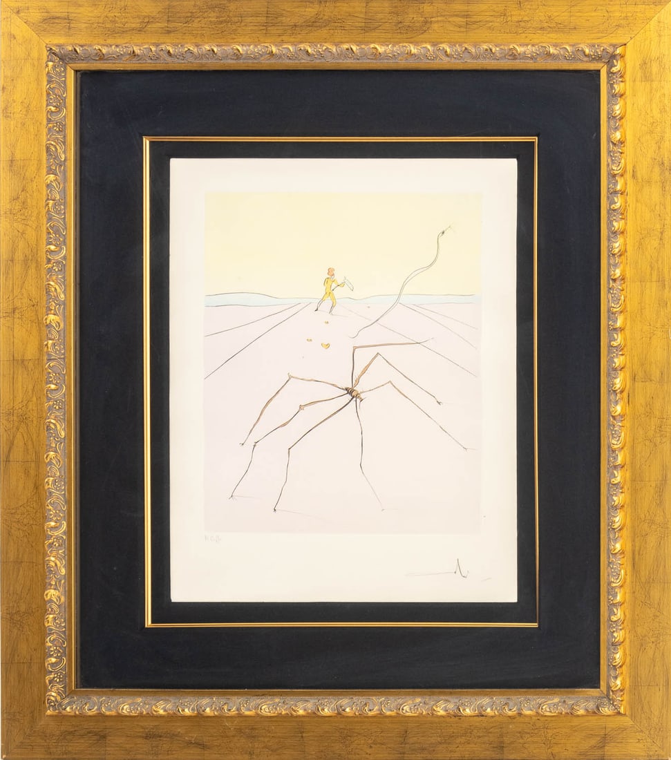 Salvador Dali "Kumo (The Weave Spider)" Etching: Salvador Dali (Spanish, 1904-1989), "Kumo (The Weave Spider)", Etching in Colors, 1976, from Japanese Fairy Tales series, signed in pencil lower right, numbered edition "H.C. 17/25" lower left, giltwo