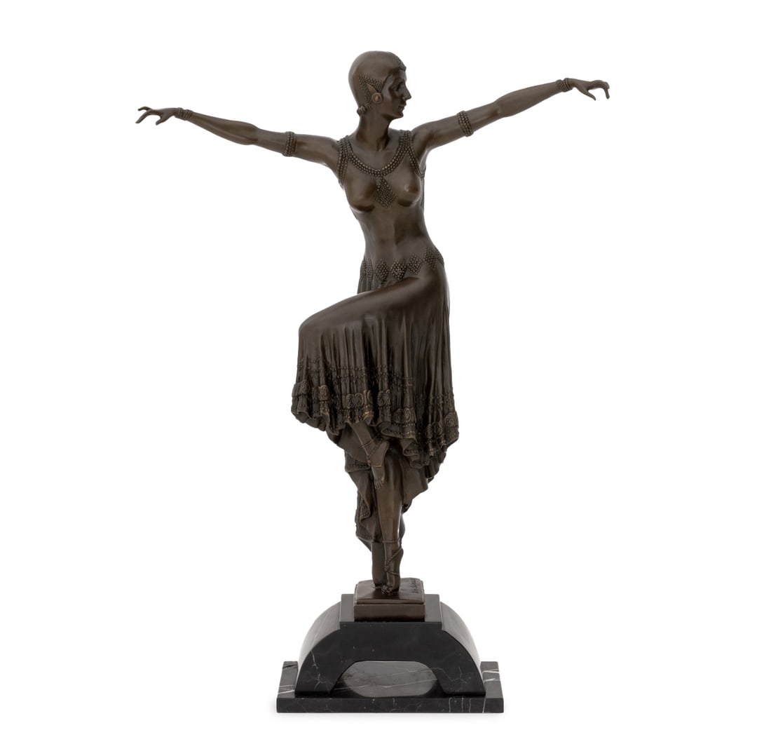 After D.H. Chiparus Dancer Patinated Bronze: After Demetre Haraland Chiparus (Romanian, 1886-1947) "Graceful Dancer" Patinated Bronze Sculpture, signed "D.H. Chiparus" near base, atop a black marble plinth. Overall: 27" H x 18.75" W x 5" D. Prov