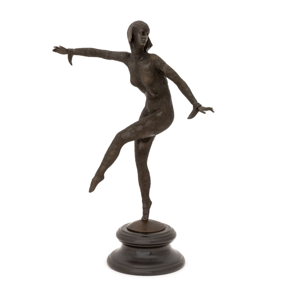 After D.H. Chiparus Ballet Dancer Patinated Bronze: After Demetre Haraland Chiparus (Romanian, 1886-1947) "Ballet Dancer" Patinated Bronze Sculpture, signed "D.H. Chiparus" on circular base, atop a black marble socle. Overall: 27" H x 18.75" W x 5" D.