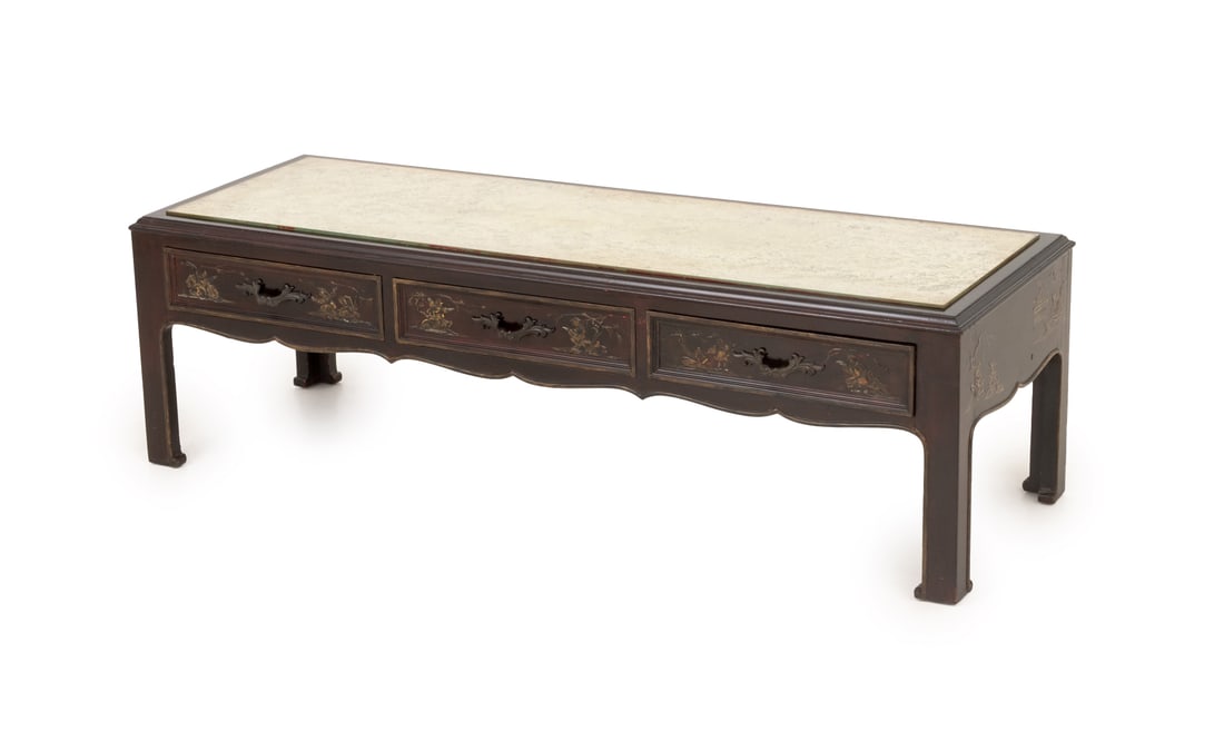 Chinoiserie Mirrored Top Lacquered Low Table: Chinoiserie Mirrored Top Lacquered Low Table, hand-painted with figural vignettes and with three drawers. 16.5" H x 54" W x 19.5" D. Provenance: From an East 72nd Street Estate. Keywords: Vintage