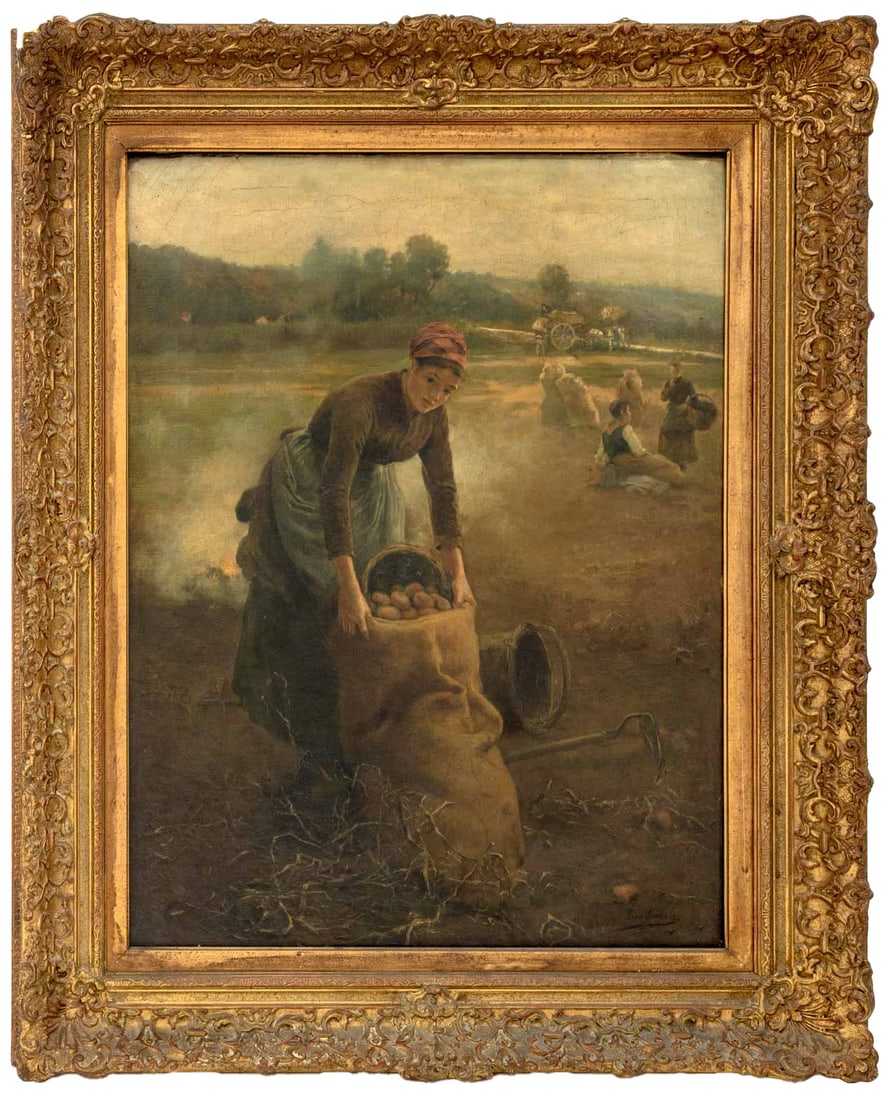Luis Jimenez Aranda Farm Woman Oil, ca. 1900: Luis Jimenez Aranda (Spanish, 1845-1928), Farm Woman with Potato Sack, Oil on Canvas, circa 1900, signed lower right, giltwood frame. Image: 25.5" H x 19" W; frame: 33.25" H x 26.5" W x 2.5" D.