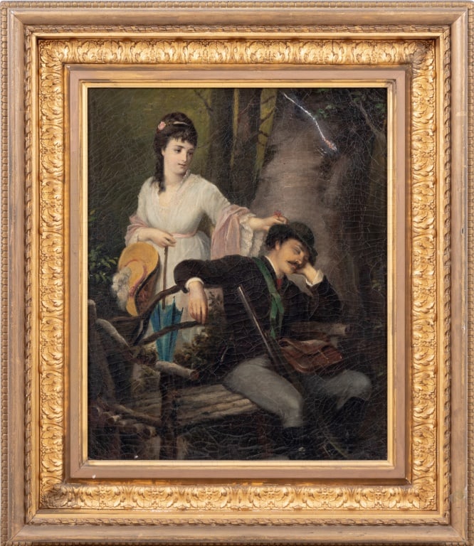 Julius Schrader The Sleeping Hunter Oil on Canvas: Julius Friedrich Antonio Schrader (German, 1815-1900), The Sleeping Hunter, Oil on Canvas, 19th century, the seated hunter asleep with his wife standing behind, signed lower left, giltwood frame.