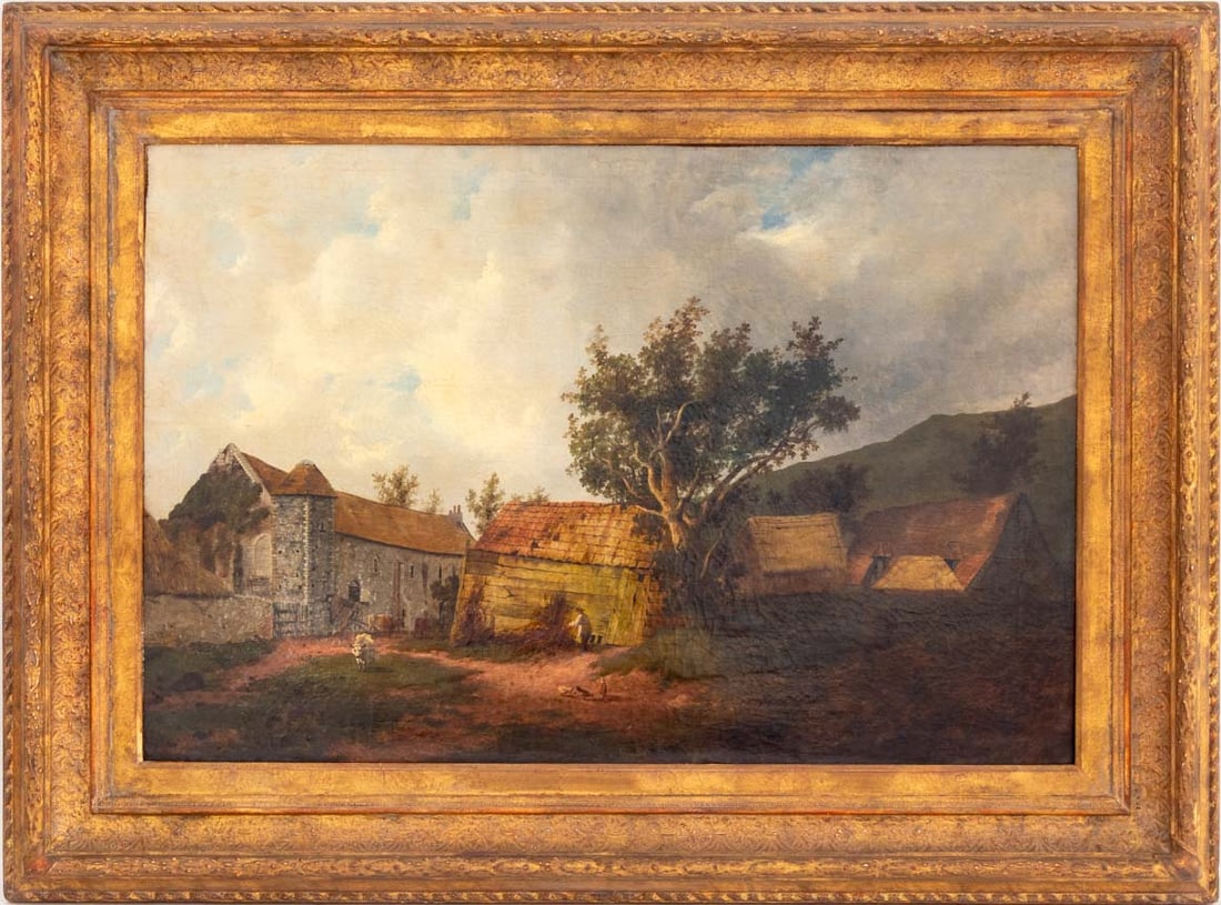 French Farmyard Scene Oil on Canvas, 19th C.: French School, Farmyard Scene, Oil on Canvas, early 19th century, unsigned, carved giltwood frame. Image: 23.5" H x 35.5" W; frame: 34.5" H x 46" W. Provenance: From a Fifth Avenue Collection.