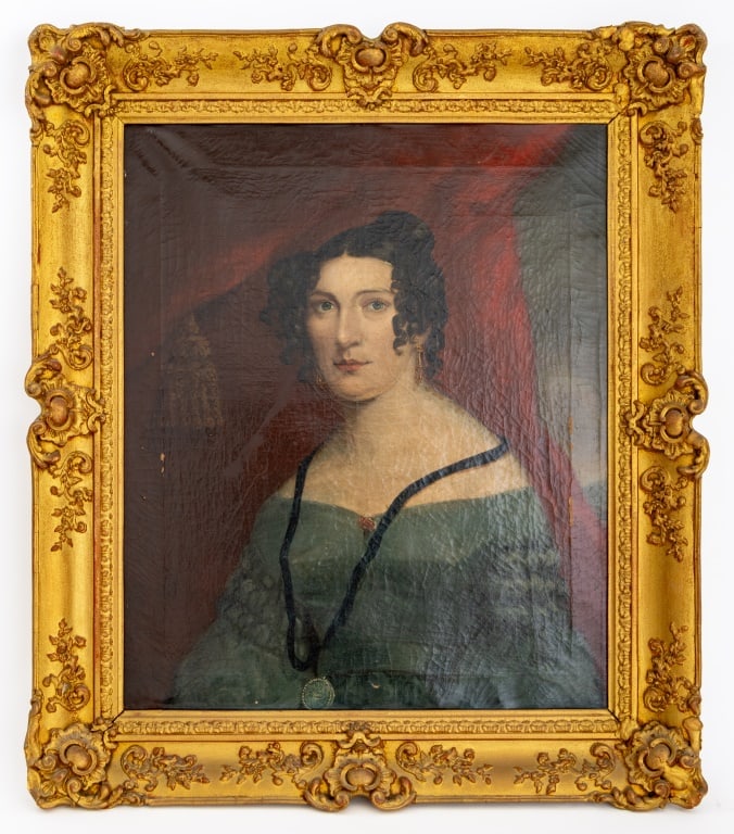 American School Portrait of a Woman Oil, 1836: American School, Portrait of a Woman, Oil on Canvas, 19th century, unsigned, inscribed "J Harrison / 1836" verso, giltwood frame. Image: 23"H x 19.25" W; frame: 30.5" H x 26" W. Provenance: From a New