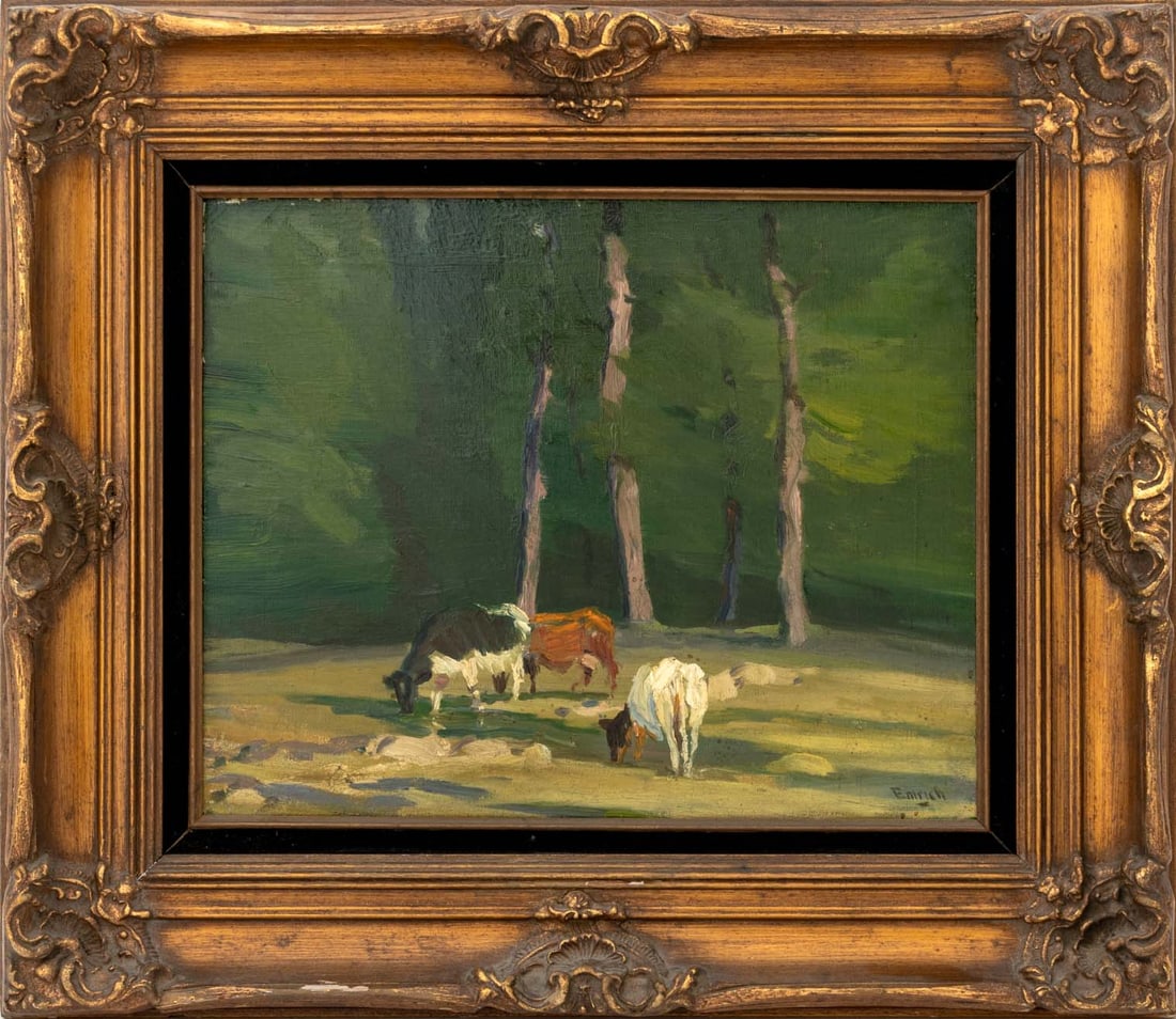 Harvey Emrich "Cattle Watering Oil on Canvas: Harvey Emrich (American, 1884-1972), Cattle Amongst a Landscape Scene, Oil on Canvas, signed lower right, signed and inscribed "Woodstock NY" verso, giltwood frame. Image: 15.75" H x 19.5" W; frame: 2