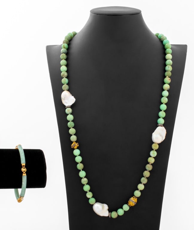 14K Gold Jade Freshwater Pearl Diamond Jewelry Set: 14K Yellow Gold Jade, Freshwater Pearls, and Diamond Jewelry Set, one necklace featuring fully drilled round jade beads, approx. 10.0 - 11.0 mm, including three baroque freshwater pearls, further