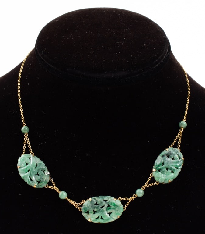 Chinese 10K Gold Carved Jade Necklace (1 of 7)
