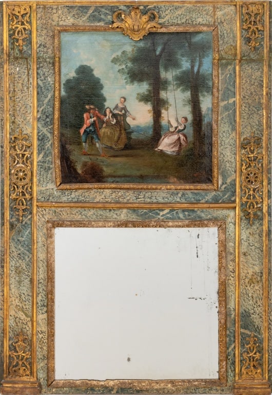 Louis XVI Painted Trumeau Mirror, 18th C.: Louis XVI Paint-Decorated Trumeau Mirror, 18th century, carved wood painted in faux marble and parcel gilt, with courtship scene insert painting in the manner of Watteau or Boucher. 71" H x 49" W x 4"