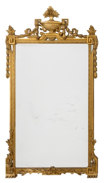 Louis XVI Style Giltwood Overmantel Mirror: Louis XVI Style Giltwood Overmantel Mirror, late 19th century, the rectangular beveled mirror plate within a molded frame surmounted by an urn and laurel swags. 89" H x 46.5" W. Keywords: French, Euro