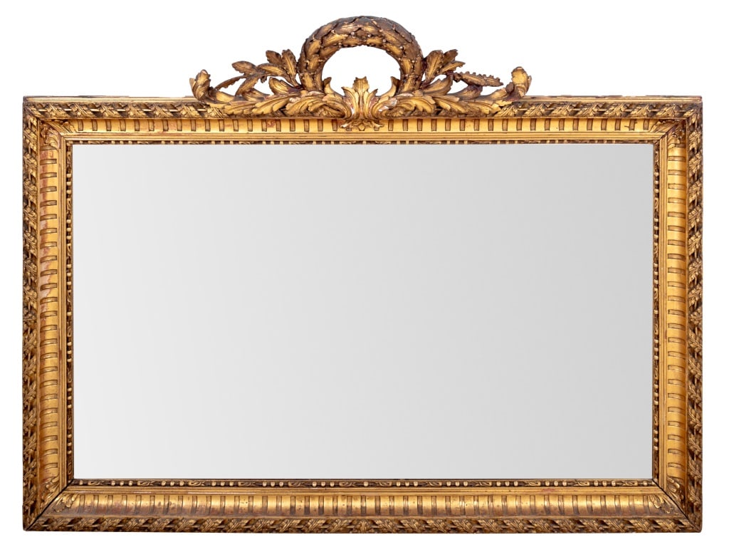 Victorian Gilt Wood & Composition Landscape Mirror: Victorian Gilt Wood and Gilt Composition Landscape Mirror, late 19th century, surmounted by an oak wreath and acanthus leaves, a molded frame with bands of ribbon, oak leaves, laurel, and fluted borde