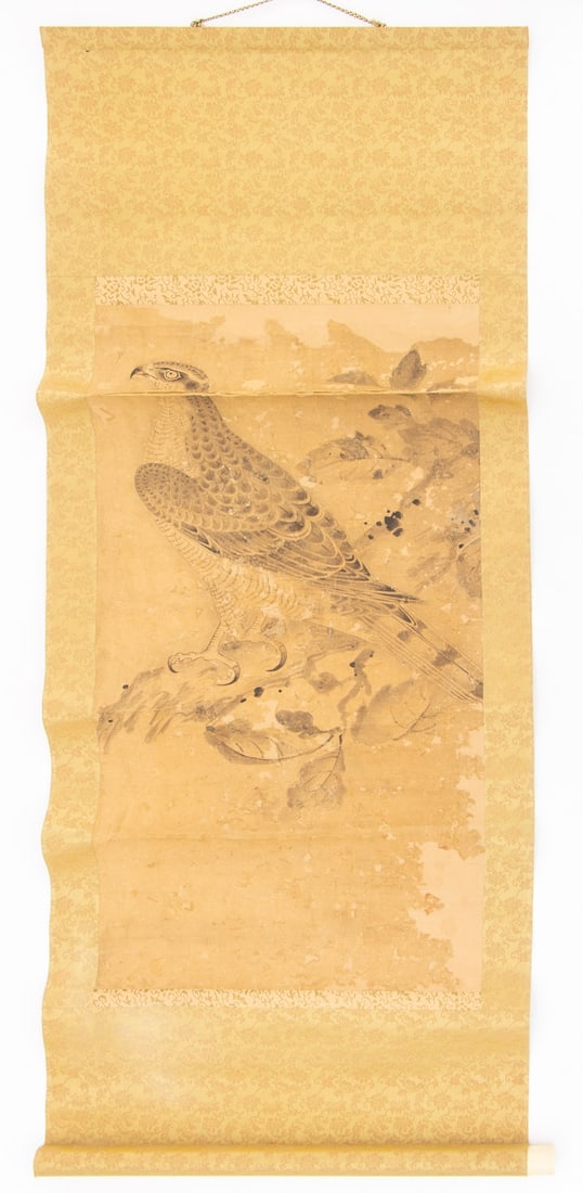 Japanese School Perched Hawk Scroll Painting (1 of 8)