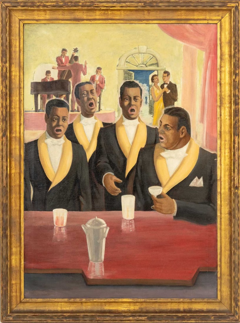 Men Singing at the Bar Oil on Canvas, 20th C. (1 of 8)