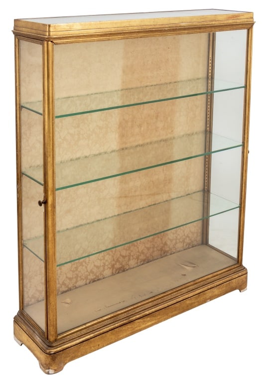 Giltwood Rectangular Display Case: Giltwood Rectangular Display Case, early 20th century, fitted with a door to one end, enclosing three glass adjustable shelves, on a molded stepped plinth, with interior lighting. 59.5" H x 48" W x 12