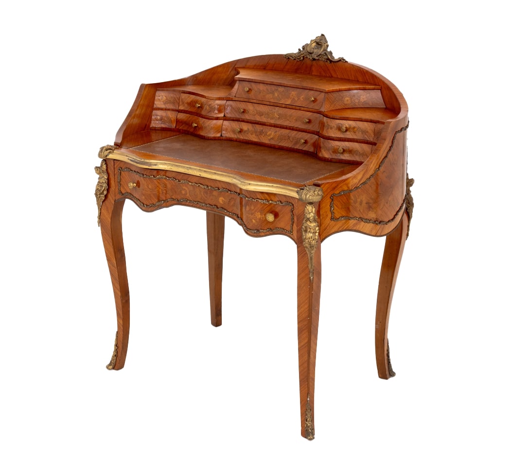 Louis XV Style Marquetry Kingwood Escritoire: Louis XV Style Floral Marquetry Kingwood Escritoire, the top with gilt-tooled brown leather writing surface and drawers, gilt metal mounts and inlaid decoration atop four cabriole legs. 37" H x 39.5"
