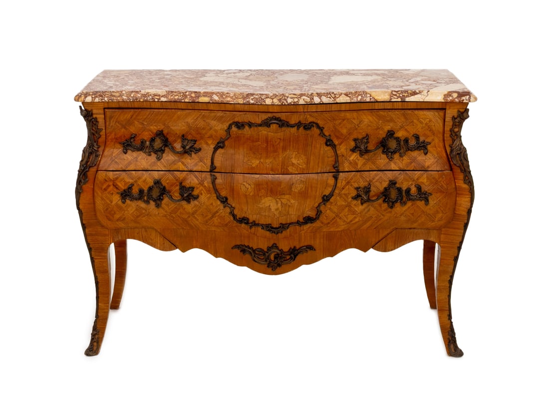 Louis XV Style Walnut Marquetry Bombe Commode (1 of 10)