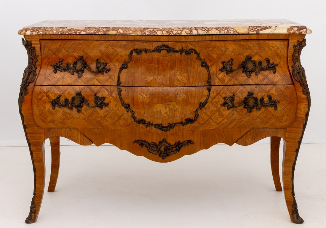 Louis XV Style Walnut Marquetry Bombe Commode - 2