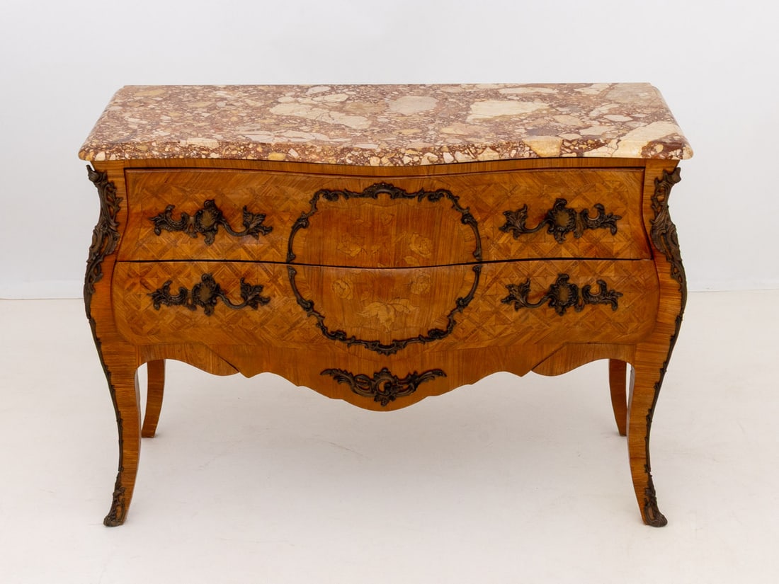 Louis XV Style Walnut Marquetry Bombe Commode - 3