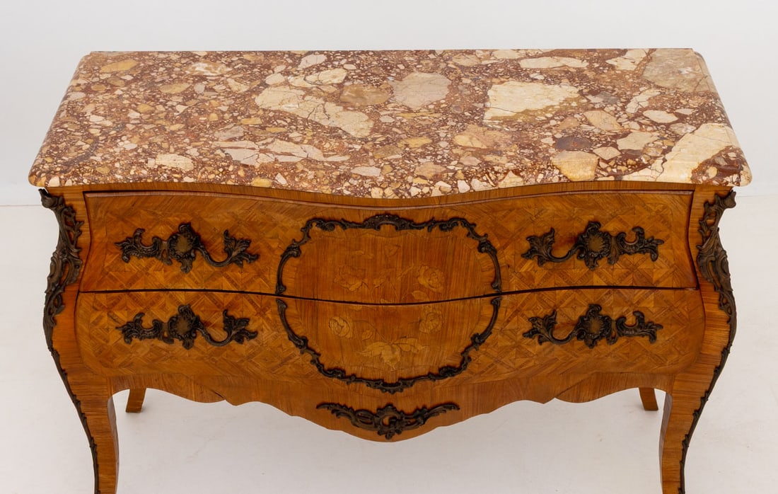 Louis XV Style Walnut Marquetry Bombe Commode - 4
