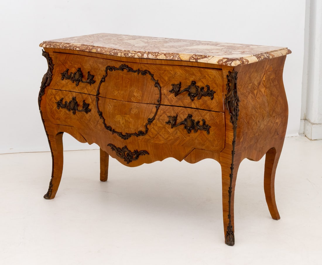 Louis XV Style Walnut Marquetry Bombe Commode - 5