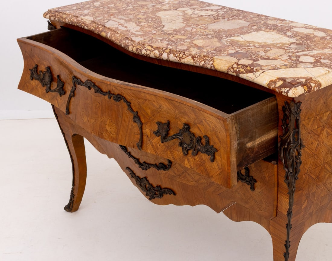 Louis XV Style Walnut Marquetry Bombe Commode - 8