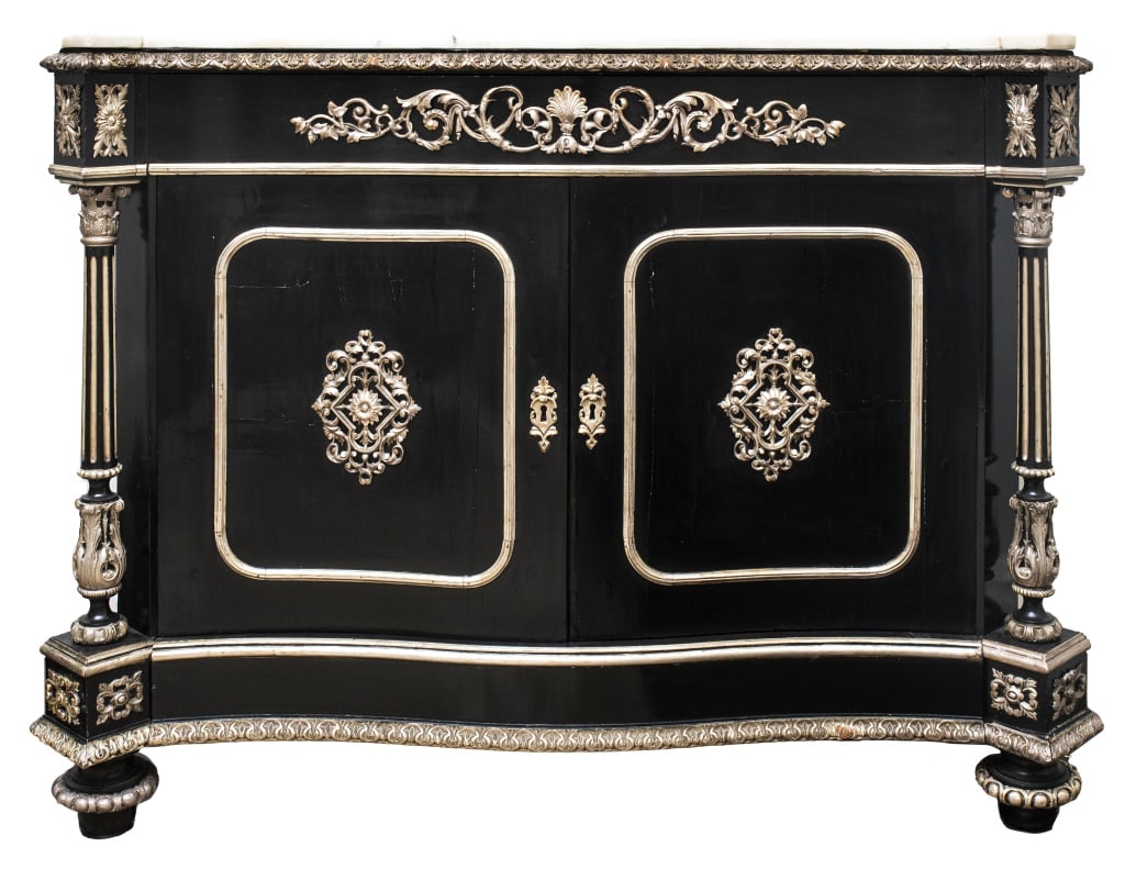 Napoleon III Ebonized Meuble d'Appui Cabinet: Napoleon III French Second Empire Monumental Ebonized and Parcel Silvered Meuble d'Appui Cabinet, with white marble top, long drawer over pair of doors opening up to three interior burlwood drawers, f