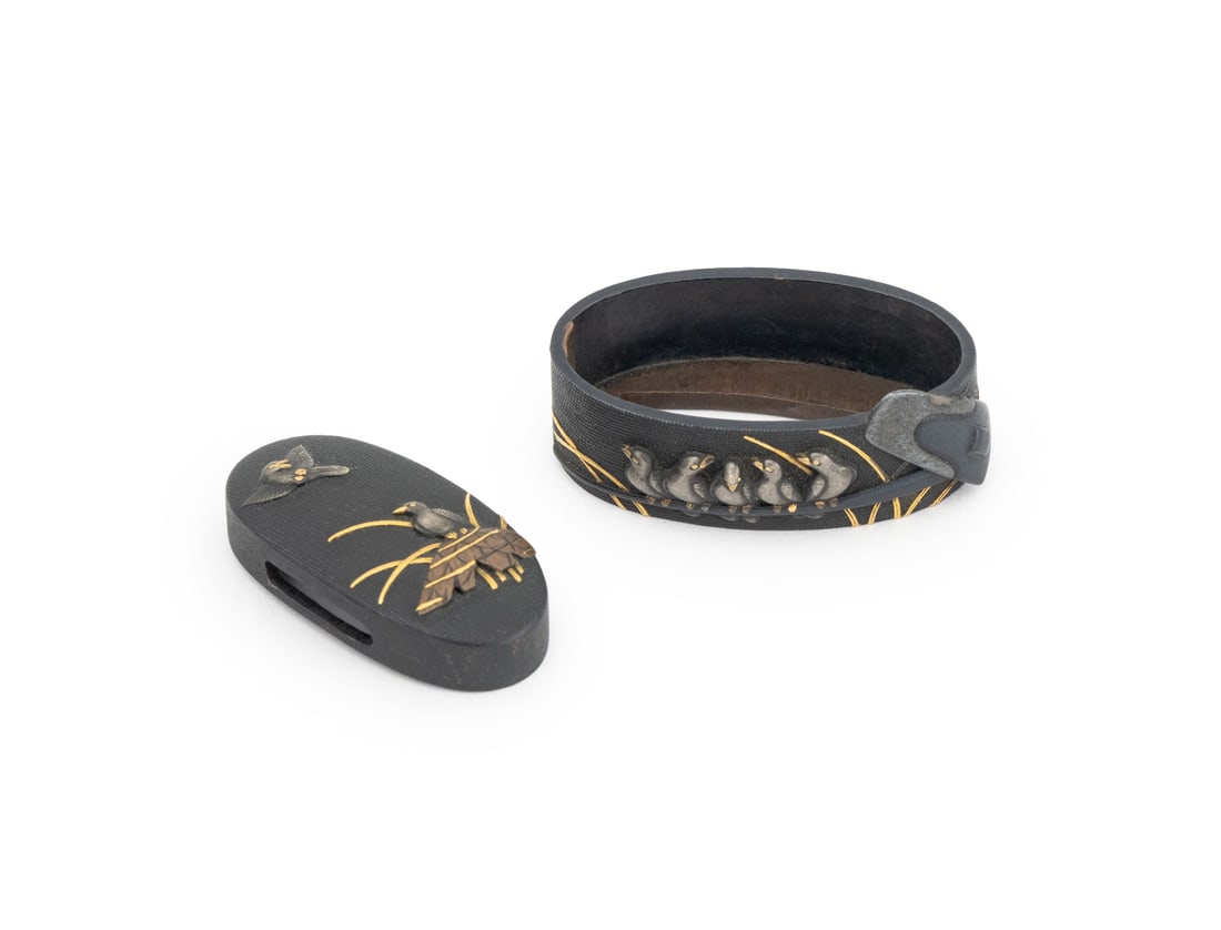Japanese Bird Motif Fuchi and Kashira Set, 19th C.: Japanese Bird Motif Fuchi and Kashira Set, 19th century, shakudo with mutli-metal inlaid decoration, the fuchi signed. Fuchi: 1.5" L x 1" W x 0.75" D. Provenance: From a New York City Collection.