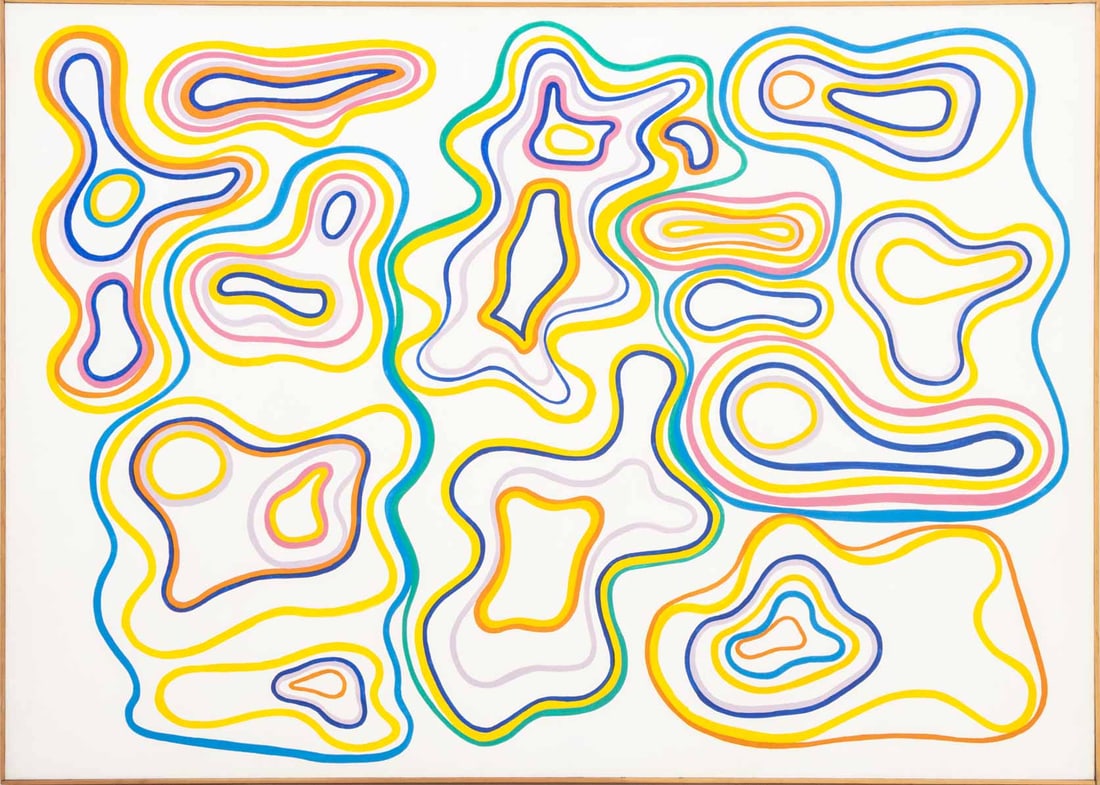 Marjorie Shaw Kubach "Reflections" Acrylic, 1970: Marjorie Shaw Kubach (American, 1921-2024), "Reflections", Acrylic on Canvas, 1970, signed, titled, and dated verso with 1972 exhibition label, wood frame. Image: 48.5" H x 68" W; frame: 49.25" H x