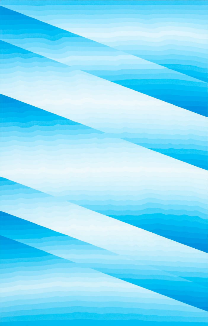 Marjorie Shaw Kubach "Transition / Blue" Acrylic: Marjorie Shaw Kubach (American, 1921-2024), "Transition / Blue", Acrylic on Canvas, 1981, signed, dated, and artist label verso, unframed. 67.25" H x 43" W x 1.75" D. Provenance: From a New Jersey