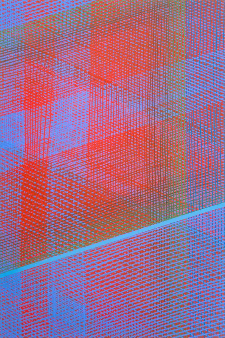 Allen Kubach Geometric Composition Acrylic, 1975: Allen Edward Kubach (American, b. 1921), Geometric Composition, Acrylic on Canvas, 1975, signed and dated verso, unframed. 67" H x 45" W x 1.75" D. Provenance: From a New Jersey Collection. Keywords: