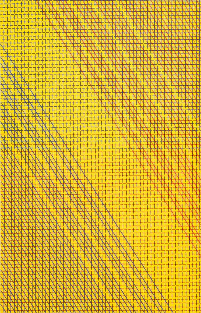 Allen Kubach Geometric Composition Acrylic, 1976: Allen Edward Kubach (American, b. 1921), Geometric Composition in Yellow, Acrylic on Canvas, August 1976, signed and dated verso, unframed. 67.25" H x 43" W x 1.75" D. Provenance: From a New Jersey