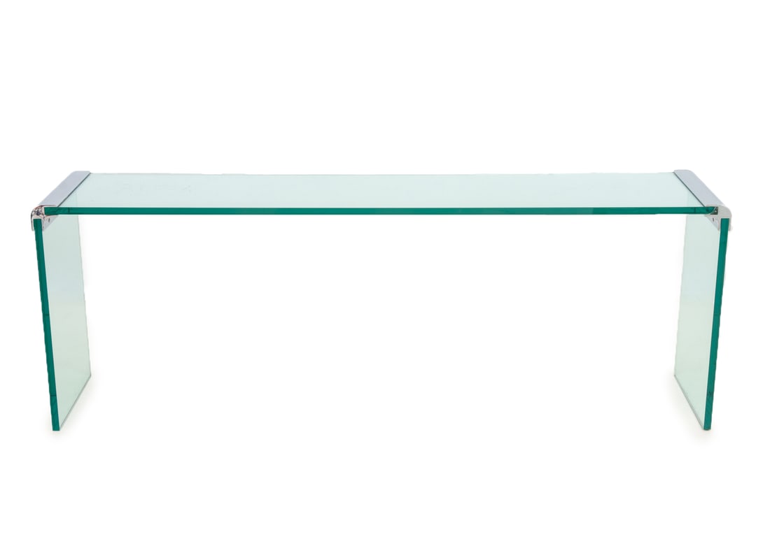 Leon Rosen Pace Collection Glass Waterfall Table: Leon Rosen Pace Collection Glass and Chrome Waterfall Table. 23.25" H x 67" W x 15" D. Provenance: From a Long Island Estate. Keywords: Modern Furniture, Console, Low table, Cocktail table, Transparen