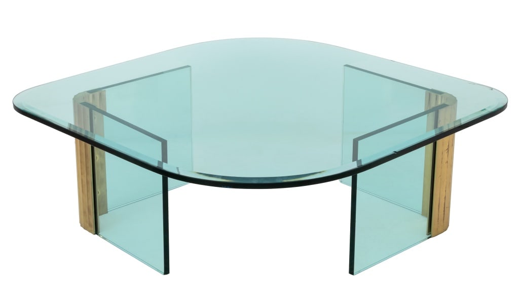Leon Rosen Pace Collection Glass & Brass Low Table: Leon Rosen Pace Collection Glass and Brass Coffee Table, 1970s, with V form bases. 16" H x 54" W x 47" D. Provenance: From a New York City Collection. Keywords: Modern Furniture, Designer, Center tabl