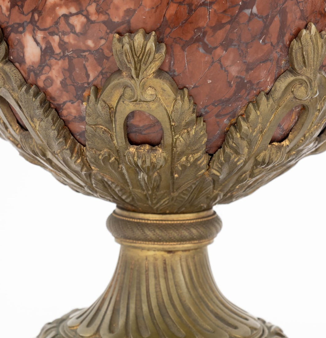 French Ormolu Mounted Rouge Griotte Urns, Pair - 5