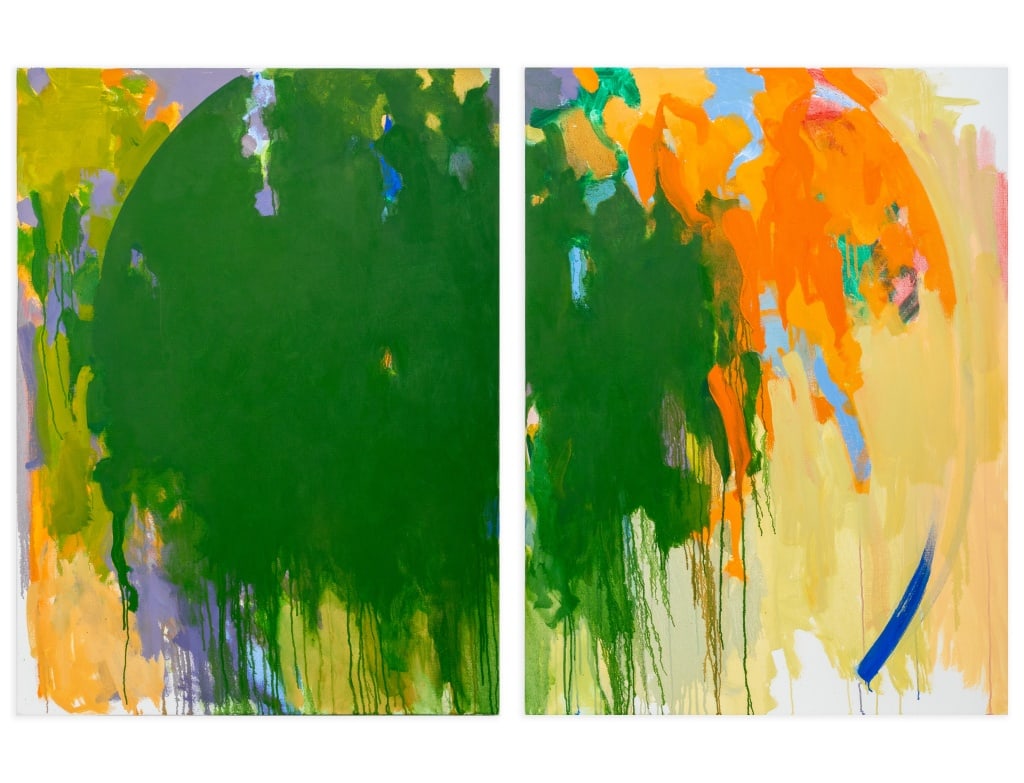 Robert O'Meara Abstract Composition Diptych Oil, 2: Robert O'Meara (American, 1957-2014), Abstract Circular Composition Diptych, Oil on Canvas, signed verso, unframed. Each panel: 40" H x 30" W; overall: 40" H x 60" W. Provenance: From a 333 East 75th