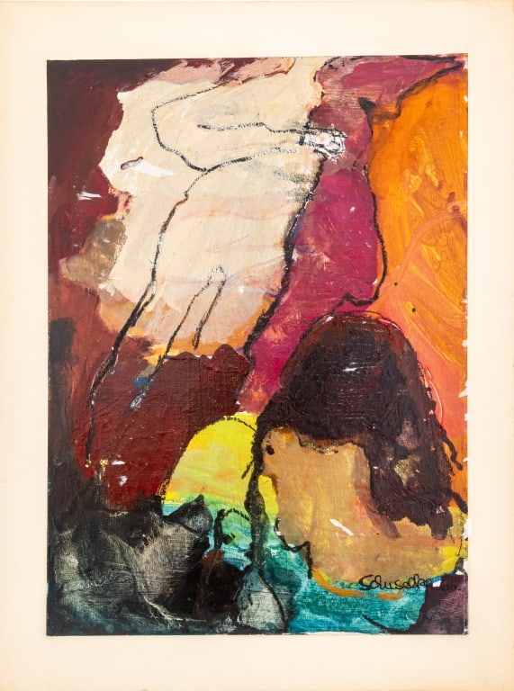 Elfi Schuselka Abstract Figure Mixed Media, 1965: Elfi Schuselka (Austrian, b. 1940), Abstract Figural Composition, Mixed Media on Board, 1965, signed and dated lower right, signed and stamped "Studio / Elfi Schuselka" verso. Image: 16.75" H x 12" W;