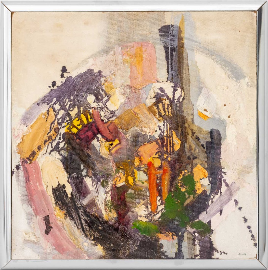Signed Abstract Composition Oil on Canvas Board: 20th Century School, Abstract Composition, Oil on Canvas Board, with impasto embellishments, signed "Scott" lower right, silver-tone metal frame. Image: 21" H x 21" W; frame: 23" H x 23" W x 1.25" D.